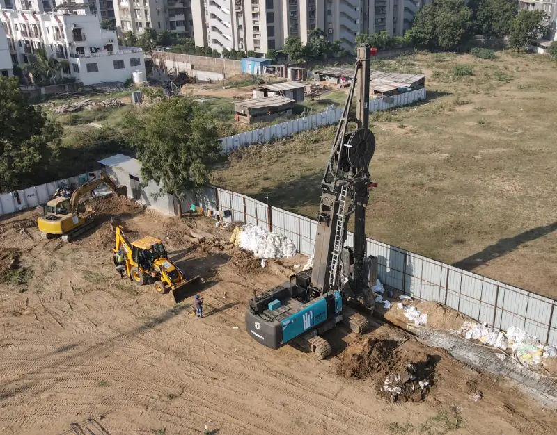 A diaphragm wall rig excavating soil for basement construction