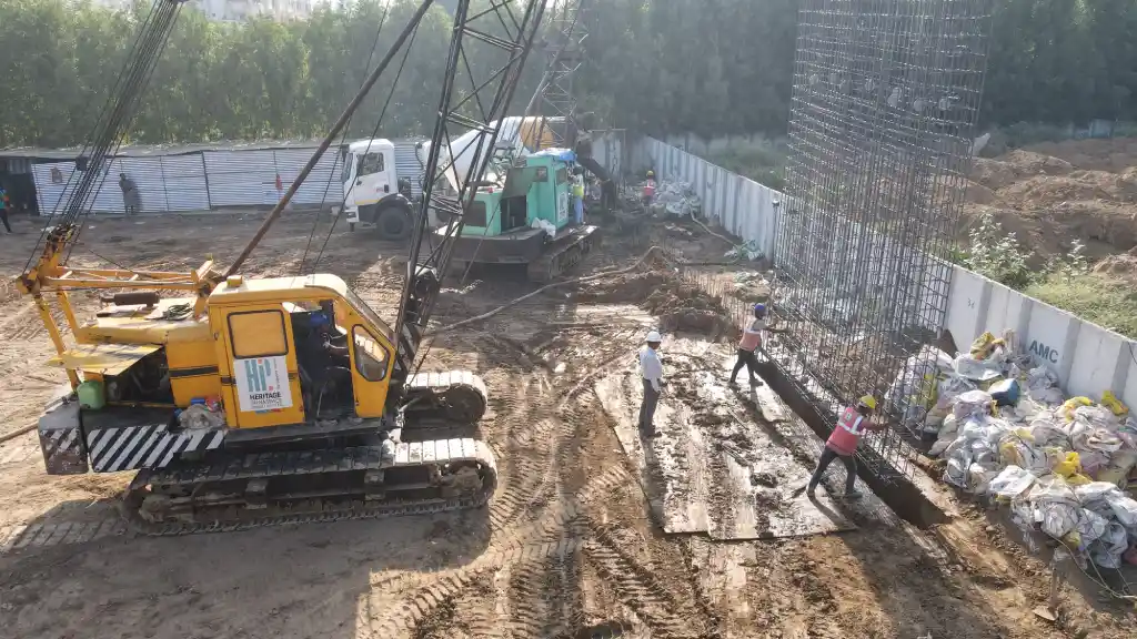 Image of a steel cage being lowered for diaphragm wall construction